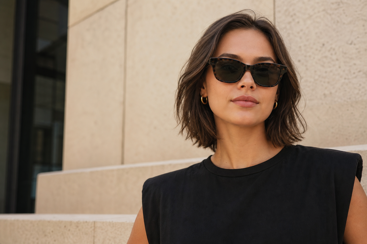 Woman wearing angular tortoiseshell sunglasses in a warm editorial setting for a guide to the best sunglasses for round face shapes