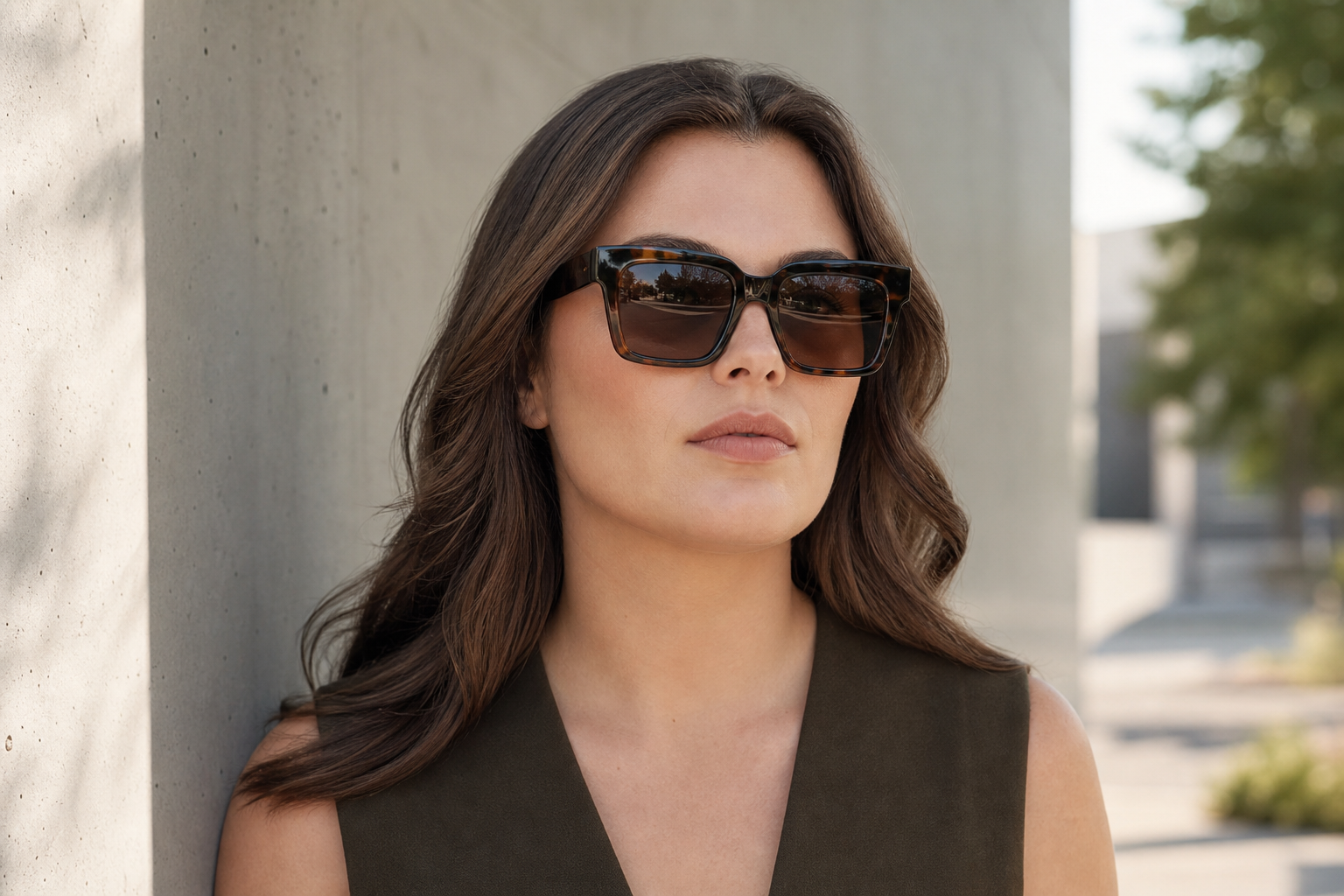Model wearing oversized tortoise sunglasses styled for a blog post about the best sunglasses for wide faces