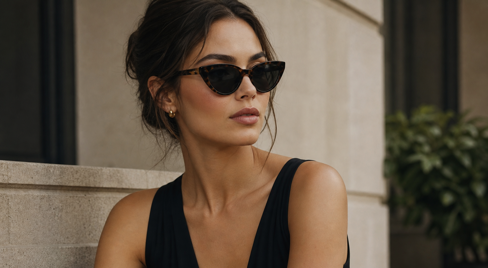 Woman with a diamond face shape wearing softly rounded cat-eye sunglasses in a By Our Bias editorial portrait